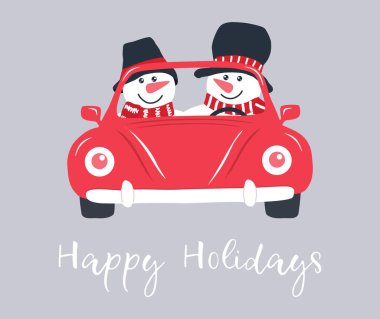 Kırmızı arabadaki sevimli kardan adamlar. Noel tebrik kartı şablonu. Siyah şapkalı ve kırmızı eşarplı iki kardan adam. İyi tatiller mesajı at. Gri arkaplanda Kış Vektörü illüstrasyonu