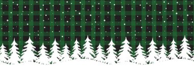 Kış ormanı Noel arkaplanı. Kusursuz sınır. Güzel kış manzarası. Beyaz köknar ağaçları, yeşil kareli arka planda kar. Klasik bufalo ekose bg. Vektör illüstrasyonu