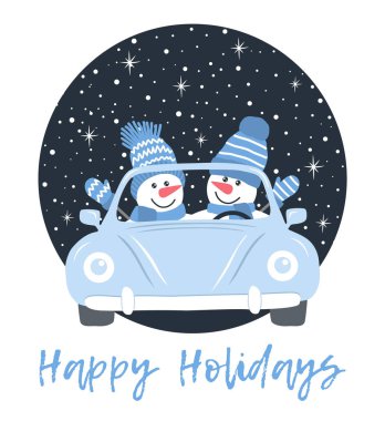 Noel tebrik kartı şablonu. Açık mavi arabadaki sevimli kardan adamlar. Kardan adamlar ellerini sallıyor. Mavi şapkalı, eşarplı iki kardan adam. Koyu mavi arkaplanda kar yağışı ile Kış Vektörü illüstrasyonu