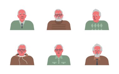 Yaşlılar simgeleri. Son sınıfların portreleri. Farklı saç şekilleri ve giysiler. Acayip düz stil. Beyaz üzerine vektör illüstrasyonu