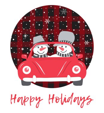 Kırmızı arabadaki sevimli kardan adamlar. Noel tebrik kartı şablonu. Gri şapkalı ve eşarplı iki kardan adam. Kar ve kar taneleriyle klasik kış geçmişi üzerine Kış Vektörü illüstrasyonu. İyi tatiller metni