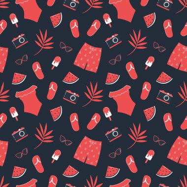 Yaz şablonu. Kızıl Plaj aksesuarları, dondurma, karpuz ve tropikal yaprakları olan kusursuz bir parmak izi. Şirin bir geçmiş. Koyu mavi arkaplanda vektör illüstrasyonu