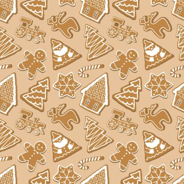 Noel şablonu. Zencefilli kurabiyeli kusursuz baskı. Zencefilli kurabiye evleri, Noel Baba, geyik, ağaçlar, zencefilli çörek adam, tren, yıldız. Şirin bir geçmiş. Karamel arkaplanındaki vektör illüstrasyonu