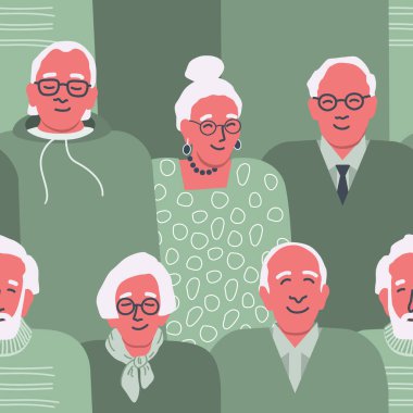 Yaşlılarla kusursuz bir geçmişin var. Farklı yaşlı erkek ve kadınların siluetleri. İnsan simgeleriyle desen. Kalabalık. Vektör illüstrasyonu yeşille