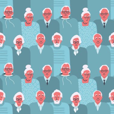 Yaşlılarla kusursuz bir geçmişin var. Farklı yaşlı erkek ve kadınların siluetleri. İnsan simgeleriyle desen. Kalabalık. Mavi ile vektör illüstrasyonu
