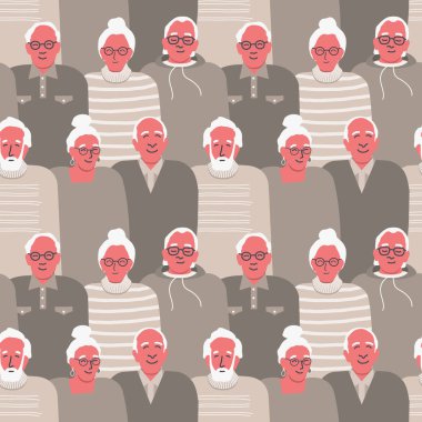 Son sınıfların kusursuz bir geçmişi var. Farklı yaşlı erkekler ve yaşlı kadınlar. Üst sınıflarla bir düzen. Kalabalık. Kahverengi ile vektör illüstrasyonu