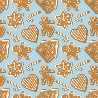 Christmas Pattern. Seamless Print with Gingerbread Cookies. Gingerbread houses, deer, heart, Gingerbread Man, star. Cute Background. Template. Vector illustration on light blue background