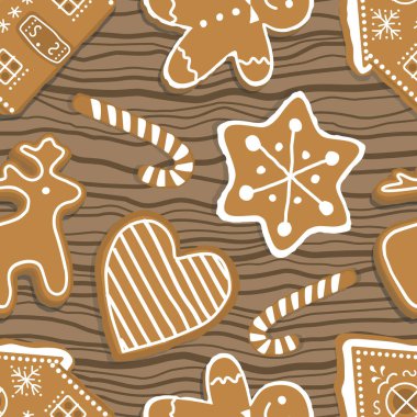 Noel şablonu. Zencefilli kurabiyeli kusursuz baskı. Zencefilli kurabiye evleri, geyik, kalp, zencefilli çörek adam, yıldız. Şirin bir geçmiş. Şablon. Ahşap arkaplanda vektör illüstrasyonu