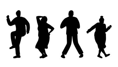 İnsan siluetleri. Siyah beyaza. Dans eden son sınıflar. Yaşlılar. Yaşlı erkekler ve yaşlı kadınlar eğlenir ve dans ederler. Pozitif aktif insanlar. Vektör illüstrasyonu