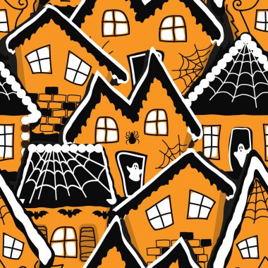 Cadılar Bayramı arka planı. Kusursuz desen. Zencefilli kek köyü. Yarasalı, hayaletli, örümcek ağlı zencefilli evler. El yapımı Cadılar Bayramı evleri. Vektör illüstrasyonu turuncu, siyah, beyaz
