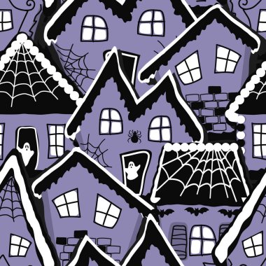 Cadılar Bayramı arka planı. Kusursuz desen. Yarasalı, hayaletli, örümcek ağlı zencefilli evler. El yapımı Cadılar Bayramı evleri. Zencefilli kek köyü. Mor, siyah, beyaz vektör illüstrasyonu