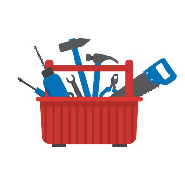 Alet çantası. Matkap, çekiç, tornavida, İngiliz anahtarı, testere, pense kırmızı alet çantasında. Beyaz üzerine vektör illüstrasyonu