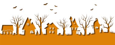 Halloween Seamless Border. Spooky village. Halloween Houses. Orange Silhouettes of houses, trees on white background. Halloween border in PaperCut Out Style. Vector illustration