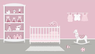 Yeni doğan bebek için çocuk odası. Pembe renkli bir bebek için iç yatak odası. Oyun odası. Cot, oyuncaklı gardırop, bebek kıyafetleri, sallanan lama, balo, diğer şeyler. Vektör illüstrasyonu