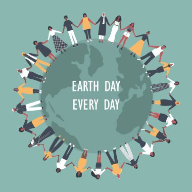 Dünya Günü Konsepti. Büyük bir grup insan. Elele tutuşan Erkekler, Dünya 'nın etrafında durun. Çok kültürlü insanlardan oluşan bir grup. Çeşitlilik. Vektör illüstrasyonu yeşil, beyaz, siyah, sarı