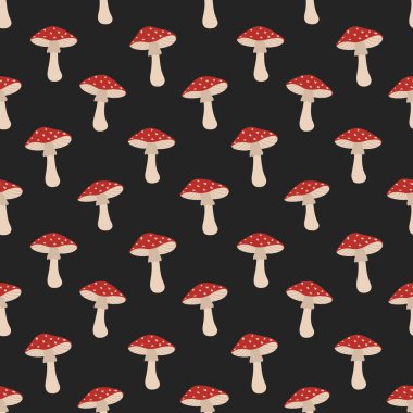 Sonbahar mantar deseni. Kırmızı Sinek Agarikleriyle Kusursuz Yazdırma. Zehirli mantarlar. Sevimli Sonbahar Arkaplanı. Şablon. Siyah Arkaplanda Vektör illüstrasyonu