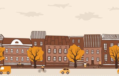 Şehirde sonbahar. Şehir manzarası. Autumn Town 'da. Kusursuz Sınır. Sonbahar manzarası. Autumn Caddesi. Kahverengi evler, sarı ağaçlar, insanlar, arabalar. Şehir Hayatı. El Çizim Vektörü İllüstrasyonu