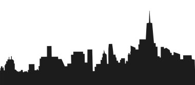 Gökdelen siluetleri. Kusursuz Sınır. Şehir manzarası. Basit Şehir Skyline. Beyaz Arkaplanda Siyah Modern Bina Siluetleri. Vektör İllüstrasyonu