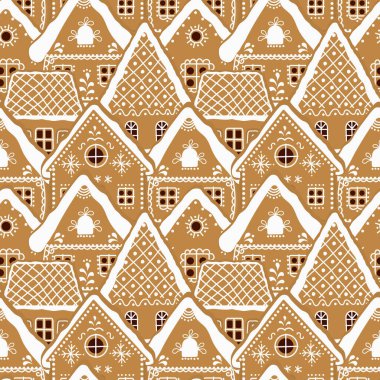 Zencefilli Kek Evleri Arkaplanı. Kusursuz desen. Noel arkaplanı. Zencefilli kek köyü. Vektör İllüstrasyonu.