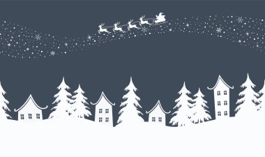 Noel arkaplanı. Kış köyü. Kusursuz sınır. Peri masalı kış manzarası. Noel Baba geyik tüyü ile gökyüzünde at sürüyor. Beyaz evler, koyu mavi arka planda köknar ağaçları. Vektör