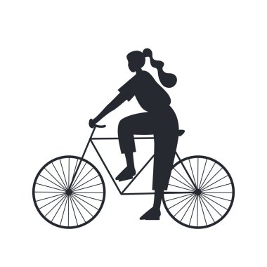 Genç Kadın 'ın Siyah Siluetleri. Bisiklete binen kız. İnsan silueti. Projeleriniz için sembol. Beyaz Arkaplanda Vektör Resimleri