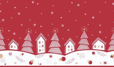 Noel Soyut Kusursuz Sınır. Modern Geometrik Tarzlı Kış Köyü. Moda Noel Tasarımı. Tatil tebrik kartı, bayrak, davetiye şablonu. Vektör Resimleri Kırmızı, Beyaz, Sarı