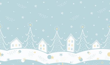 Noel Soyut Kusursuz Sınır. Modern Geometrik Tarzlı Kış Köyü. Moda Noel Tasarımı. Tatil tebrik kartı, bayrak, davetiye şablonu. Vektör Resimleri Mavi, Beyaz, Sarı