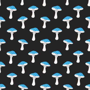 Mantar deseni. Blue Fly Agarics 'li kusursuz baskı. Zehirli mantarlar. Sevimli Sonbahar Arkaplanı. Şablon. Siyah Arkaplanda Vektör illüstrasyonu