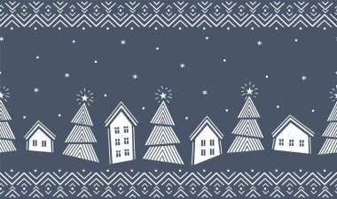 Noel Kusursuz Sınır. Modern Geometrik Tarzlı Kış Köyü. Moda Noel Tasarımı. Tatil tebrik kartı, bayrak, davetiye şablonu. Koyu Mavi, Beyaz Vektör Resimleri