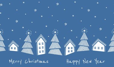 Noel Kusursuz Sınır. Modern Geometrik Tarzlı Kış Köyü. Moda Noel Tasarımı. Bayram tebrik kartı, Banner Şablonu ve Mutlu Noeller mesajı. Vektör Resimleri Parlak Mavi, Beyaz