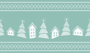 Noel Kusursuz Sınır. Modern Geometrik Tarzlı Kış Köyü. Moda Noel Tasarımı. Yeni yıl süsü. Bayram tebrik kartı, Banner Şablonu. Vektör Resimleri Yeşil, Beyaz