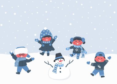 Mutlu Çocuklar Kardan Adam Yaptı. Kış Giysilerindeki Çocuklar Dansı. Bir grup çocuk dışarıda kar altında eğleniyor. Mutlu Bebek Kızlar Mutlu Oğlanlar. Vektör İllüstrasyonu Mavi, Beyaz