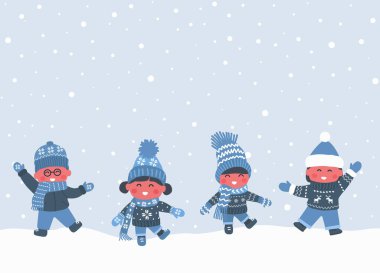 Kış Giysilerindeki Çocuklar Dansı. Bir grup çocuk dışarıda kar altında eğleniyor. Mutlu Bebek Kızlar Mutlu Oğlanlar. Tebrik kartı şablonu. Vektör İllüstrasyonu Mavi, Beyaz.
