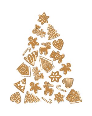 Noel ağacı şeklinde Noel Kurabiyeleri. Bayram Bayrağı. Yeni yıl çerçevesi. Zencefilli kurabiye evleri, Noel Baba, Geyik, firavun ağaçları, zencefilli kurabiye adam, tren, yıldızlar, kalp. Beyaz Bg 'de Vektör Resimleri.