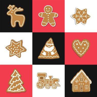 Noel Kurabiyeleri Kare Düzeni. Zencefilli kurabiyeli kusursuz Geometric Checkered Print. Zencefilli kek evi, geyik, kalp, zencefilli kurabiye adam, yıldız. Tatil Geçmişi. Şablon. Vektör illüstrasyonu.