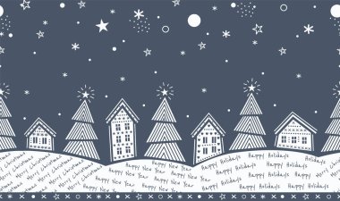 Noel Kusursuz Sınır. Modern Geometrik Tarzlı Kış Köyü. Moda Noel Tasarımı. Tatil tebrik kartı, Metinli Banner Şablonu. Koyu Mavi, Beyaz Vektör Resimleri