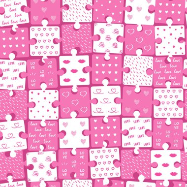 Sevgililer Günü Şablonu. Bulmacalar. Sevgililer Günü Elementleri ile Kusursuz Geometrik Kontrol Arkaplanı. Farklı Kalpler, Kelimeler Aşk. Aşk Baskısı Tatili. Şablon. Pembeli Vektör, Beyaz