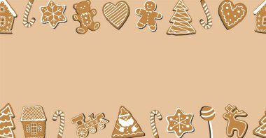 Zencefilli kurabiyeli Noel Sınırsız Kurabiyesi. Pankart. Zencefilli kurabiye evleri, geyik, kalp, zencefilli çörek adam, yıldız. Şirin bir geçmiş. Şablon. Karamel Arkaplanında Vektör illüstrasyonu