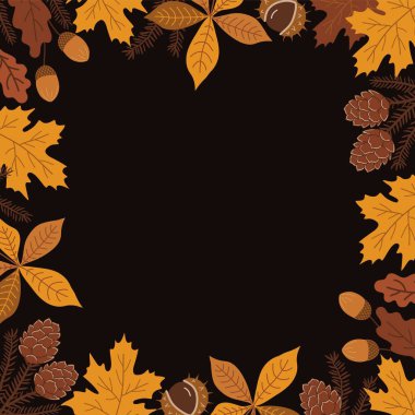 Autumn Square Frame 'de. Güzel Sonbahar Arkaplanı. Sonbahar yaprakları, meşe palamudu, kestane, akçaağaç, meşe ağacı, kestane yaprağı. Metnin için boş yer. Sarı Vektör İllüstrasyonu, Siyah Arkaplanda Kahverengi