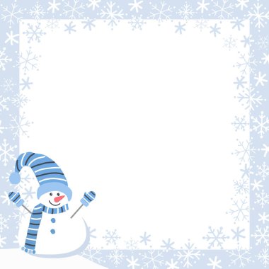 Kar Taneli Kış Çerçevesi, Kış Elbiseli Şirin Kardan Adam. Güzel Kare Tatil Geçmişi. Noel tebrik kartı şablonu. Metnin için boş yer. Vektör İllüstrasyonu Mavi, Beyaz