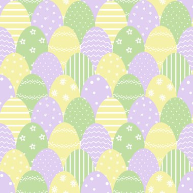 Paskalya yumurtalı Paskalya deseni. Güzel Kusursuz Arkaplan. Mutlu Paskalya Tasarımı. Vektör illüstrasyonu Yeşil, Sarı, Mor, Beyaz