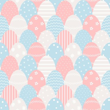 Paskalya desenli farklı paskalya yumurtaları. Güzel Kusursuz Arkaplan. Mutlu Paskalya Tasarımı. Vektör illüstrasyonu Mavi, Kırmızı, Bej, Beyaz