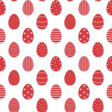 Paskalya yumurtalı Paskalya deseni. Güzel Kusursuz Arkaplan. Modern Mutlu Paskalya Tasarımı. Vektör illüstrasyonu Kırmızı, Beyaz