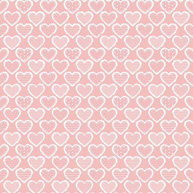 Sevgililer Günü Kusursuz Geçmişi. Kalp Düzeni. Farklı desenli pembe kalpler. Sevgililer günün kutlu olsun. Vektör illüstrasyonu Pembe, Beyaz