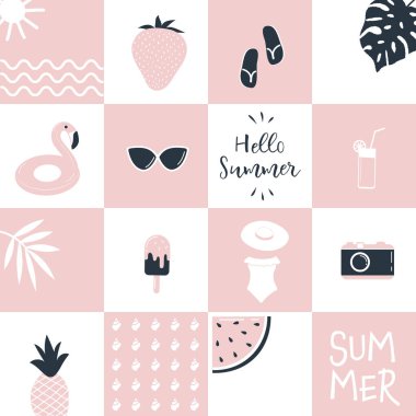 Yaz Meydanı Düzeni. Kusursuz Geometric Checkered Print with Summer Things. Sezon Satranç Arkaplanı. Şablon. Plaj aksesuarları, karpuz, dondurma, tropikal yapraklar. Pembe, Siyah, Beyaz Vektör