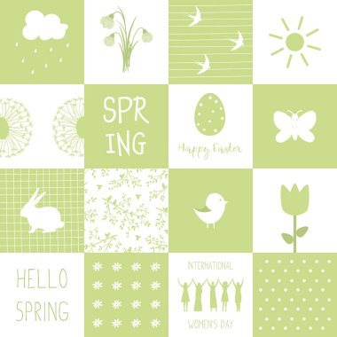 Spring Square deseni. Bahar Elementleriyle Kusursuz Geometrik Yazıcı. Satranç Arkaplanı. Bahar Çiçekleri, Paskalya Yumurtası, Güneş, Karahindiba, Kuş, Kadın Silüetleri. Yeşil ve Beyaz Vektör