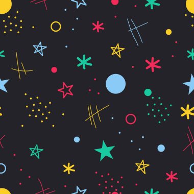 Memphis Kusursuz Düzen. Soyut Modern Yazıcı. Siyah Arkaplan 'da çok renkli elementler. Örnekler Kumaş, Kapak, Ambalaj Kağıdı ve Kupalar için kullanılabilir. Vektör İllüstrasyonu