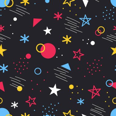 Memphis Kusursuz Düzen. Modern Soyut Yazıcı. Siyah Arkaplan 'da çok renkli elementler. Örnekler Kumaş, Kapak, Ambalaj Kağıdı ve Kupalar için kullanılabilir. Vektör İllüstrasyonu