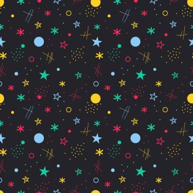 Memphis Kusursuz Düzen. Soyut Modern Yazıcı. Siyah Arkaplan 'da çok renkli elementler. Örnekler Kumaş, Kapak, Ambalaj Kağıdı ve Kupalar için kullanılabilir. Vektör İllüstrasyonu