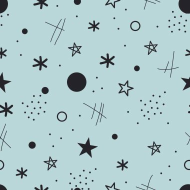 Soyut Kusursuz Desen. Memphis Modern Matbaa. Mavi Arkaplanda Siyah Elementler. Örnekler Kumaş, Kapak, Ambalaj Kağıdı ve Kupalar için kullanılabilir. Vektör İllüstrasyonu